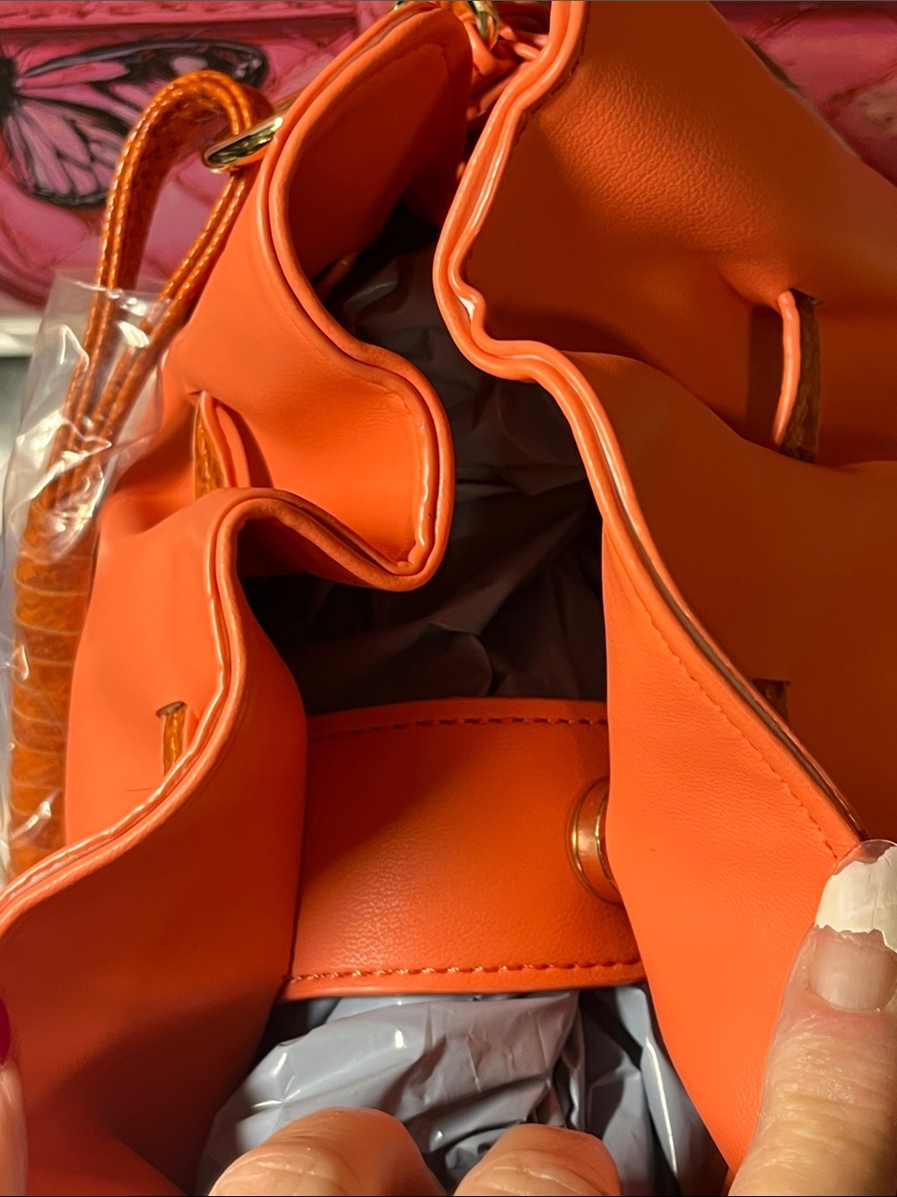 Badgley Mischka Coral-Orange Vegan Leather Shoulder /Crossbody w snake skin trim - Picture 10 of 16